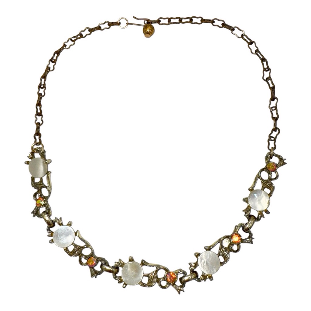 Vintage Mid-Century Mother Of Pearl Rhinestone Goldtone Choker Necklace 24$